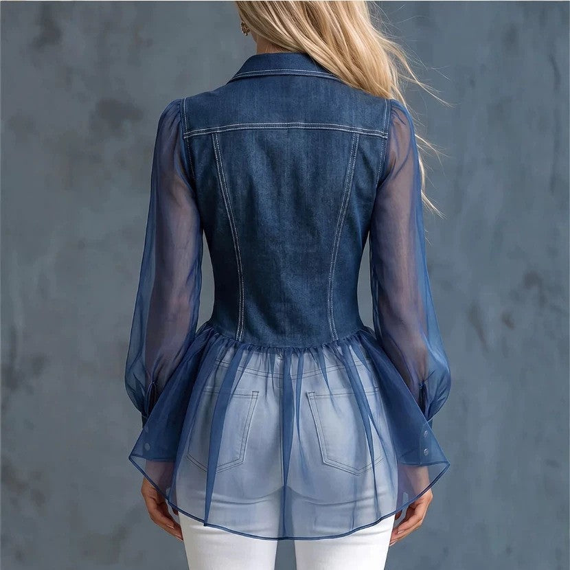 Emilie's Boutique ™ Mesh-paneled ruffled denim shirt