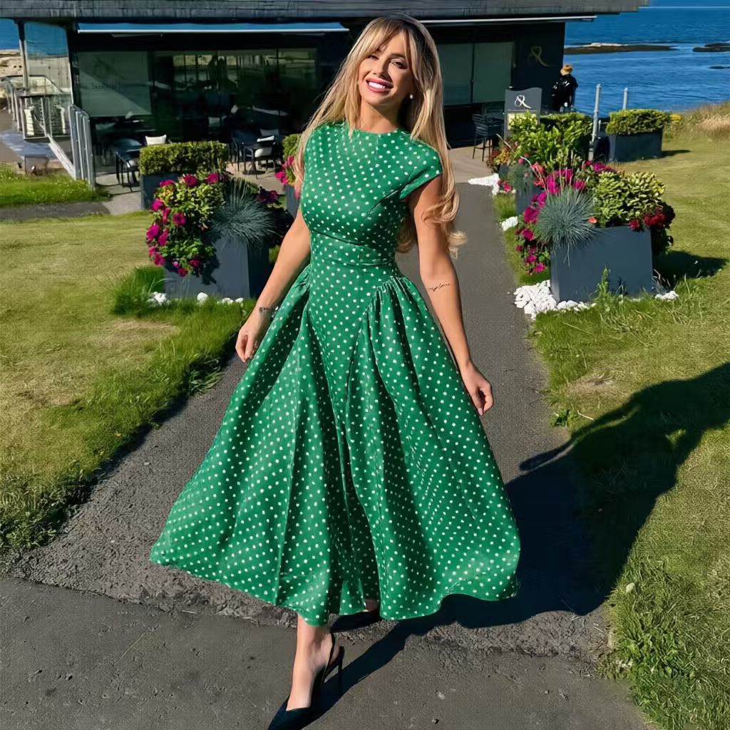 Emilie's Boutique ™ Elegant Polka-Dot Print Round-Neck Maxi Dress