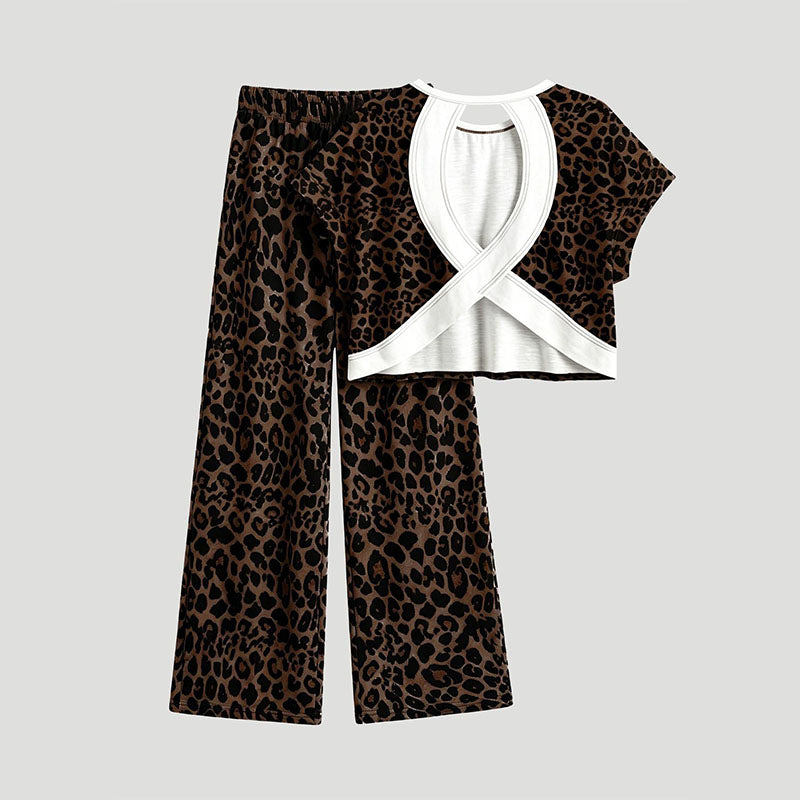 Emilie's Boutique ™ Leopard-print short-sleeved cutout top and trousers