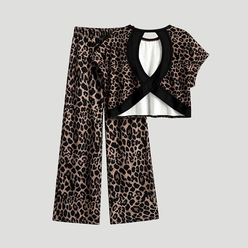 Emilie's Boutique ™ Leopard-print short-sleeved cutout top and trousers
