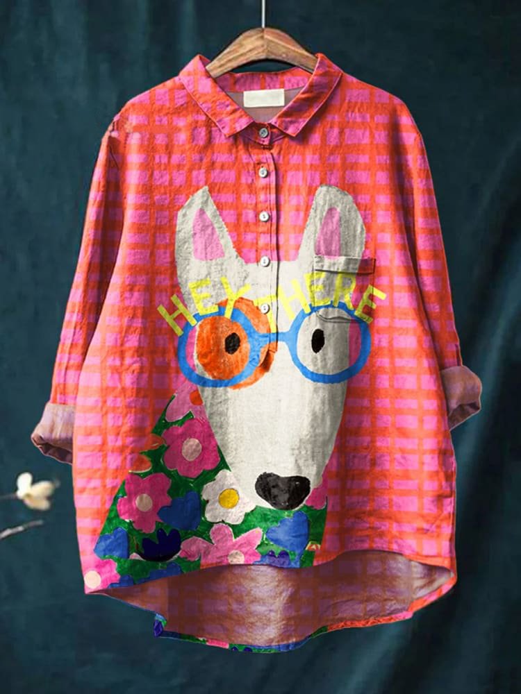 Emilie's Boutique ™ Dog Art Print Casual Cotton And Linen Shirt