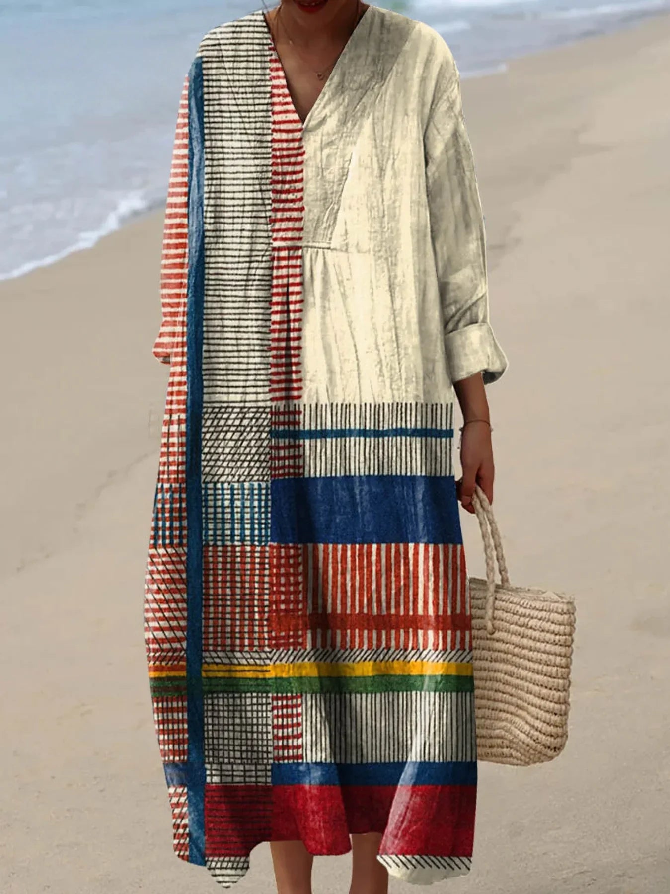 Emilie's Boutique ™ Vintage Geometric Line Art Print Cotton Linen Dress