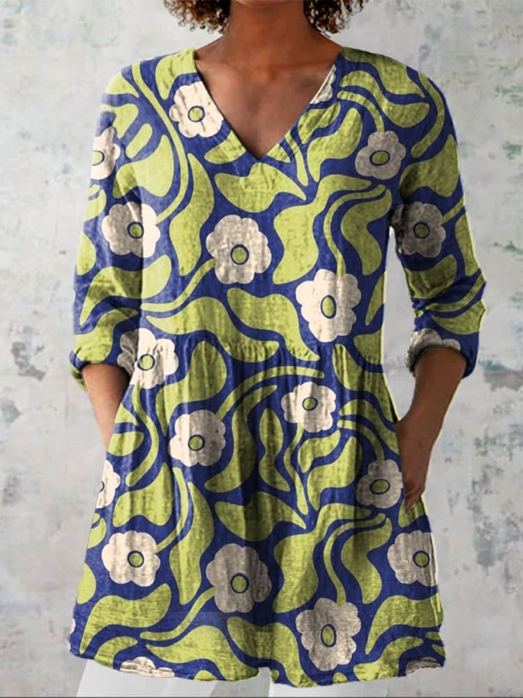 Women's Vintage Lovely Floral Art Print Casual Linen V-neck Shirt