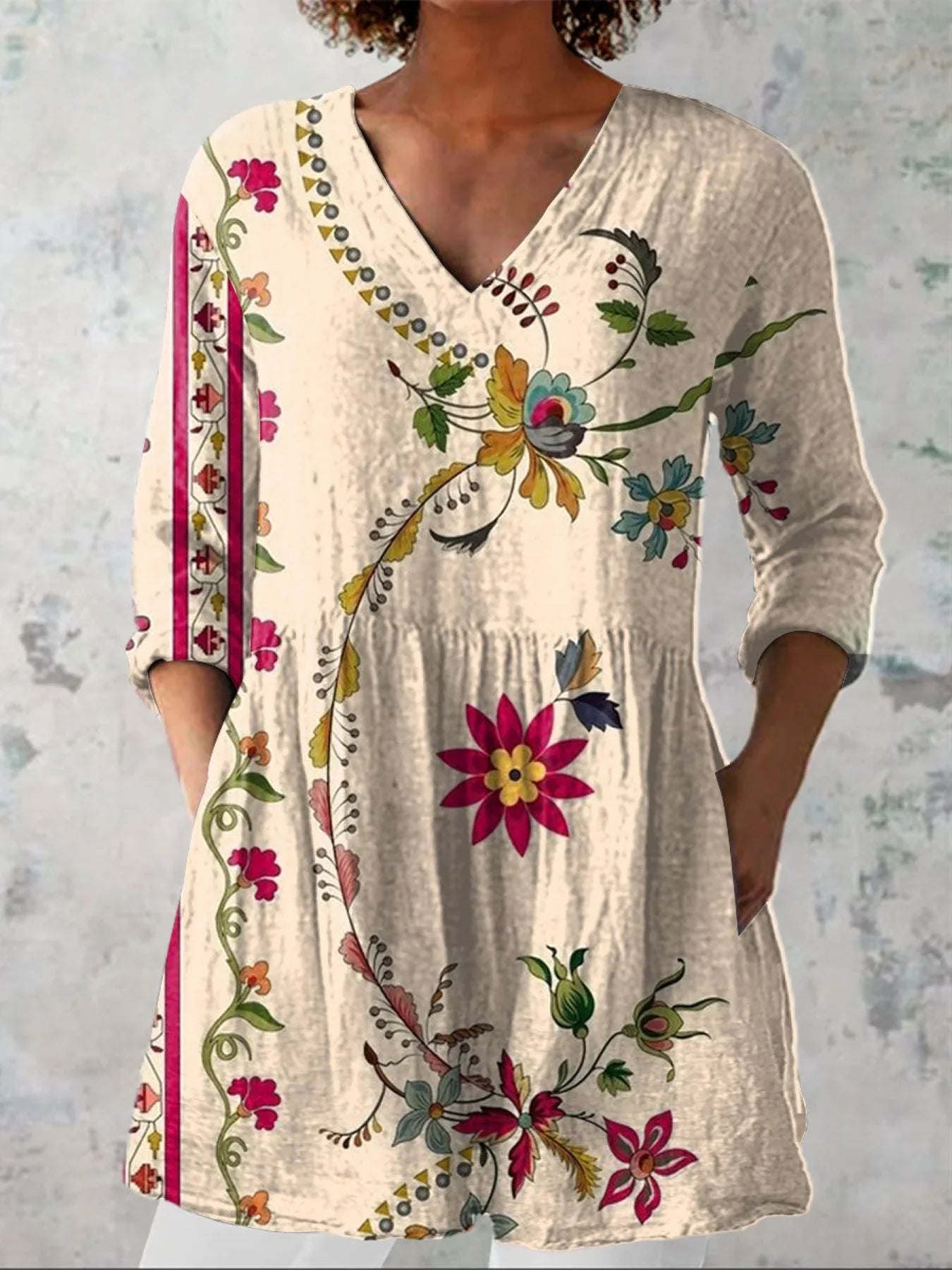 Emilie's Boutique ™ Boho Flowers Art Print Casual Linen V-neck Shirt
