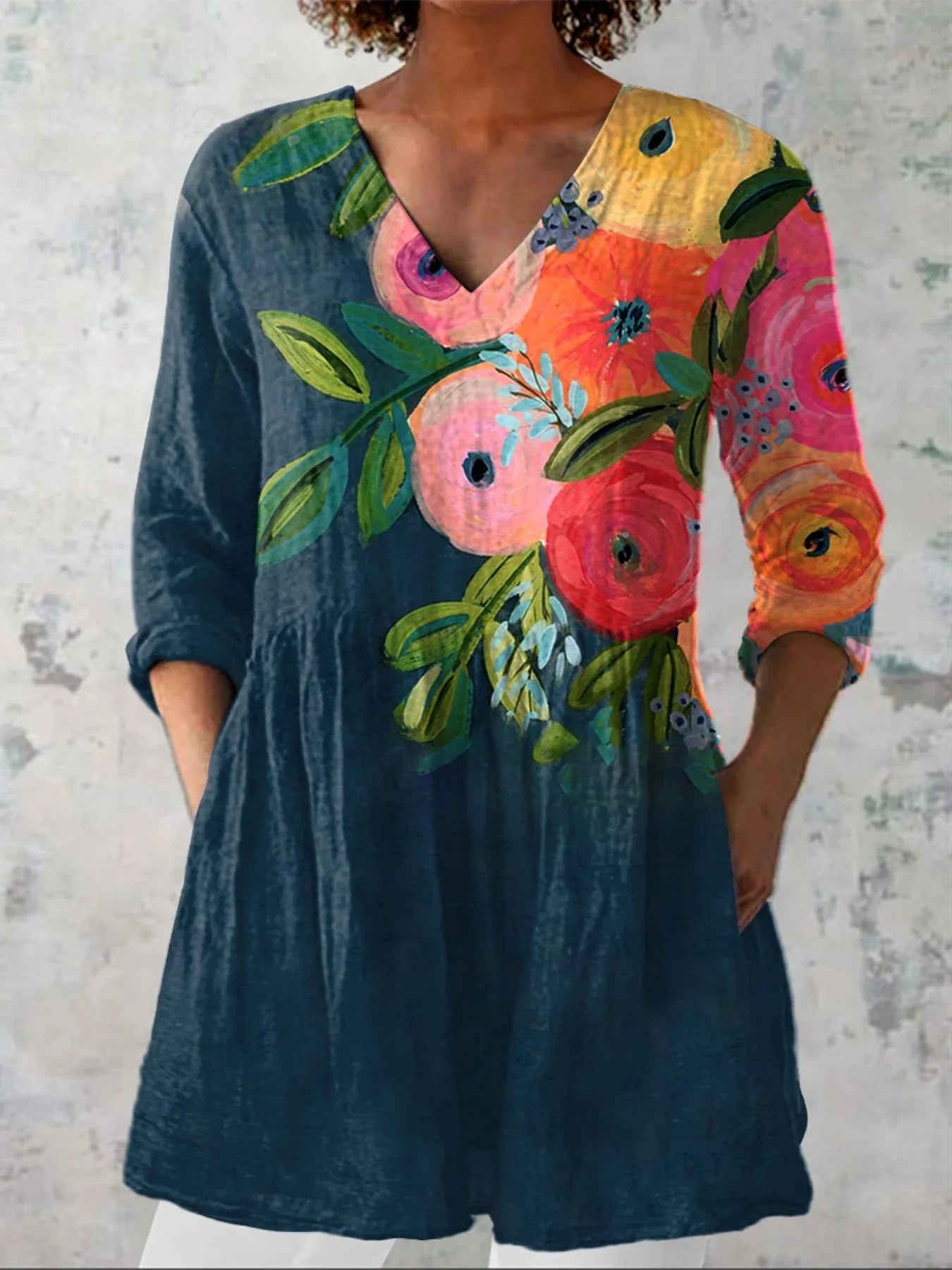 Emilie's Boutique ™ Vintage Floral Print Casual Linen V-neck Shirt