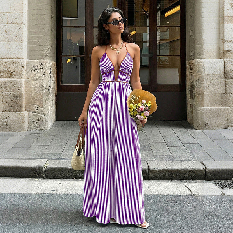 Emilie's Boutique β’ Retro striped rope-trimmed suspender maxi dress