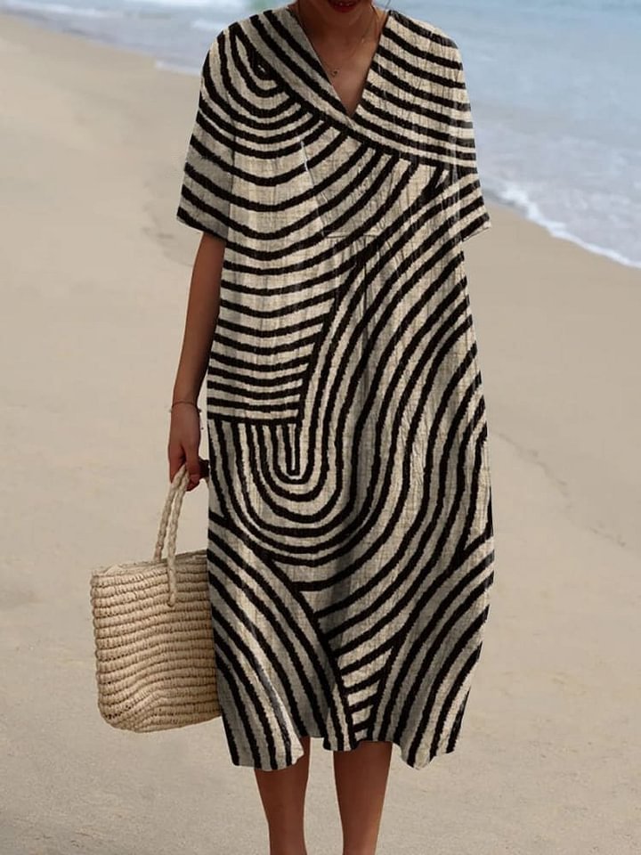Emilie's Boutique ™ Geometric Hand Drawn Circle Line Pattern Print Flowy Dress