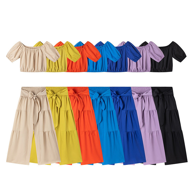 Emilie's Boutique ™ Off-shoulder puff sleeve wide-leg pants two-piece set