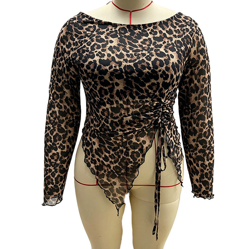 Emilie's Boutique ™ Plus-size leopard print one-shoulder drawstring top