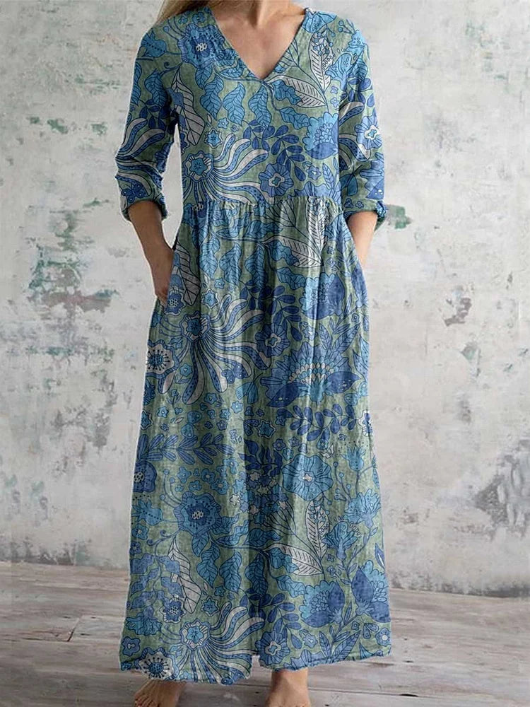 Emilie's Boutique ™ V-neck Elegant Poppy Floral Cotton Linen Dress
