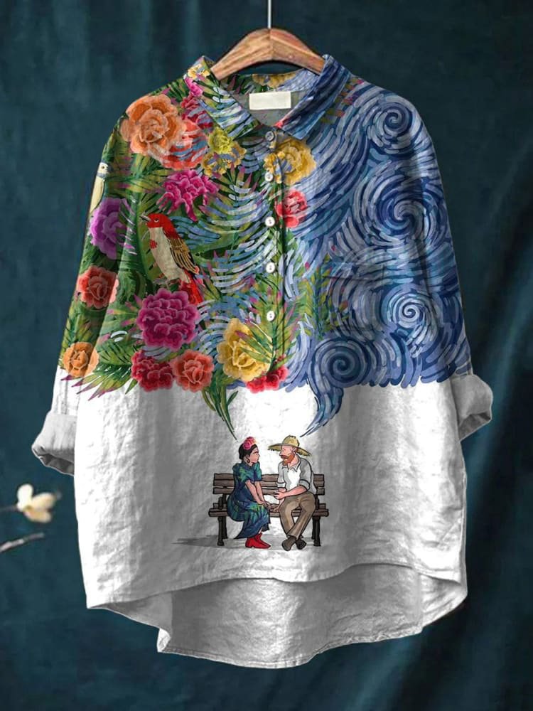 Emilie's Boutique ™ Vintage Frida Kahlo And Vincent Van Gogh Print Casual Cotton And Linen Shirt