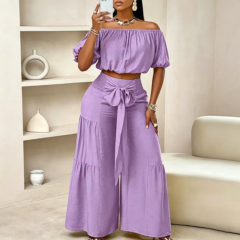 Emilie's Boutique ™ Off-shoulder puff sleeve wide-leg pants two-piece set