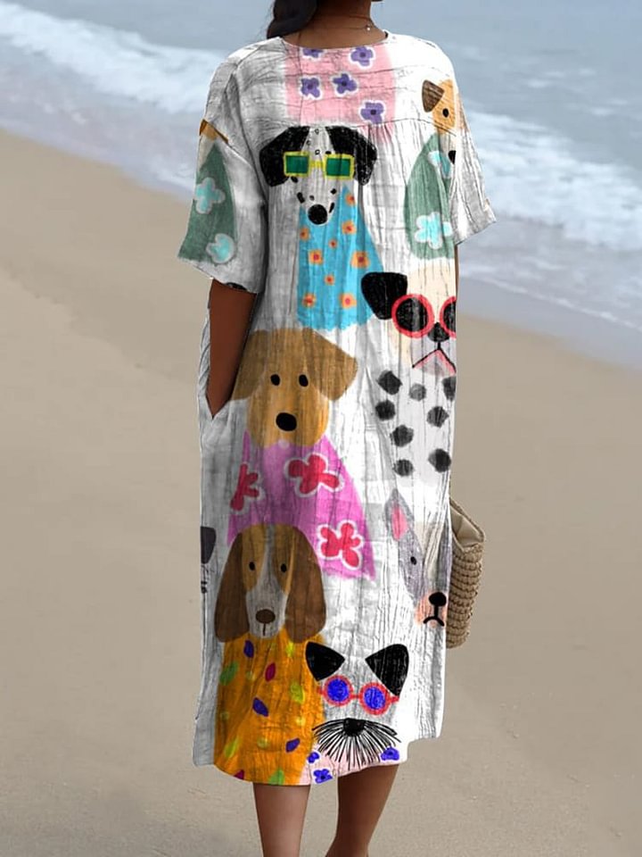 Emilie's Boutique ™ Minimalist Colorful Cartoon Puppy Print Flowy Dress