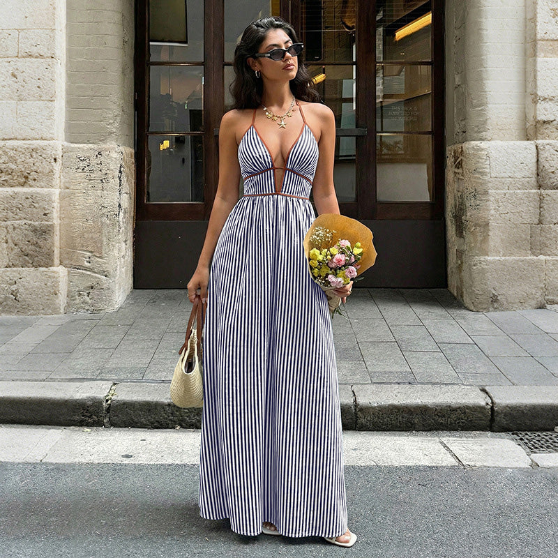 Emilie's Boutique β’ Retro striped rope-trimmed suspender maxi dress