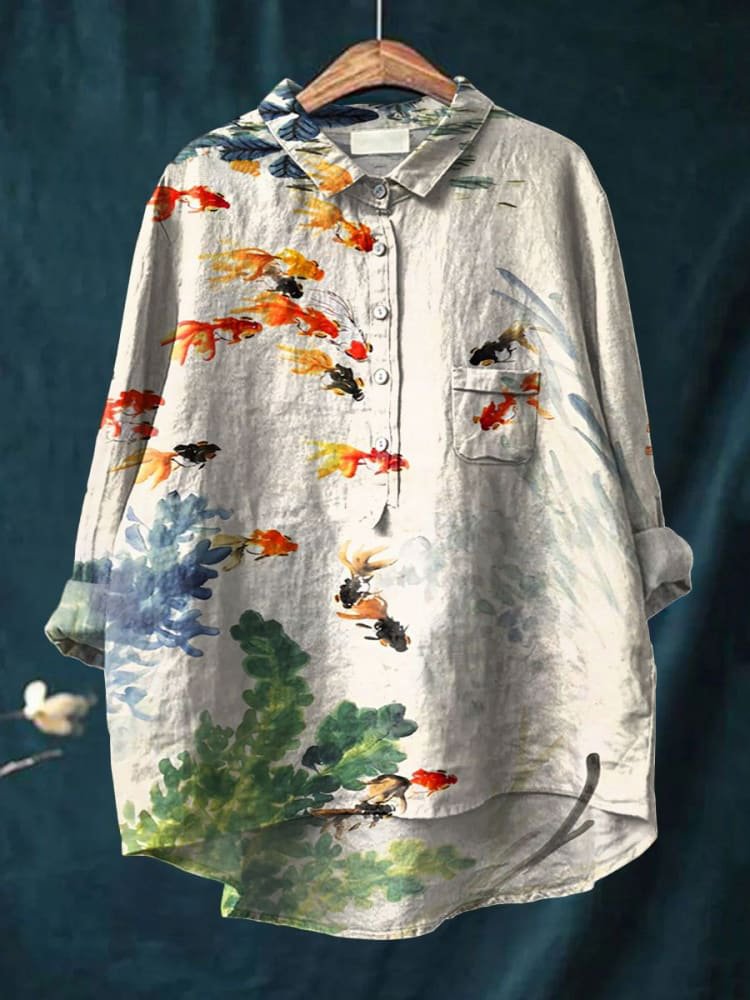 Emilie's Boutique ™ Fish Art Print Casual Cotton And Linen Shirt