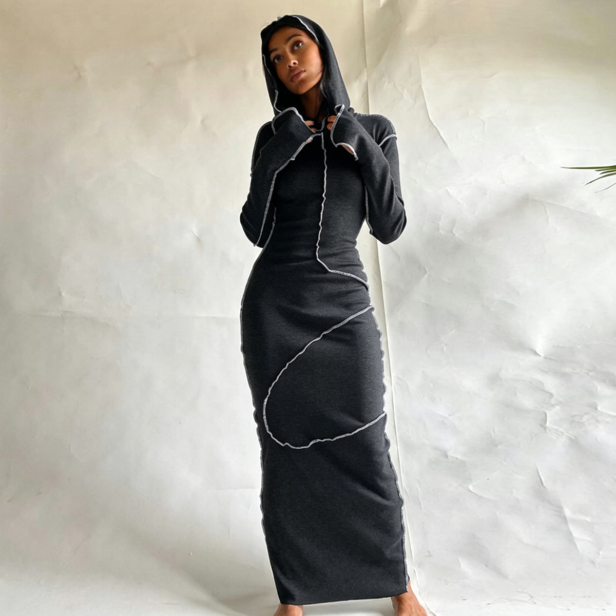 Emilie's Boutique ™ Contrast‑Stitch Hooded Bodycon Maxi Dress