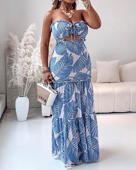 Emilie's Boutique ™ Strapless Leaf Print Maxi Dress