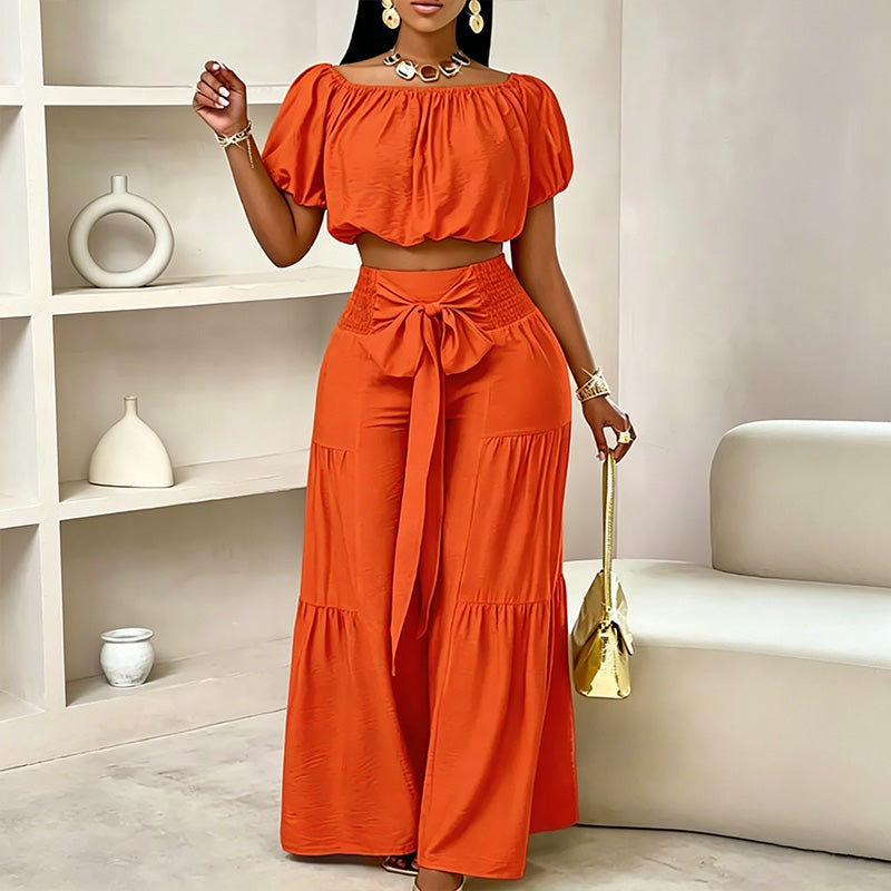 Emilie's Boutique ™ Off-shoulder puff sleeve wide-leg pants two-piece set