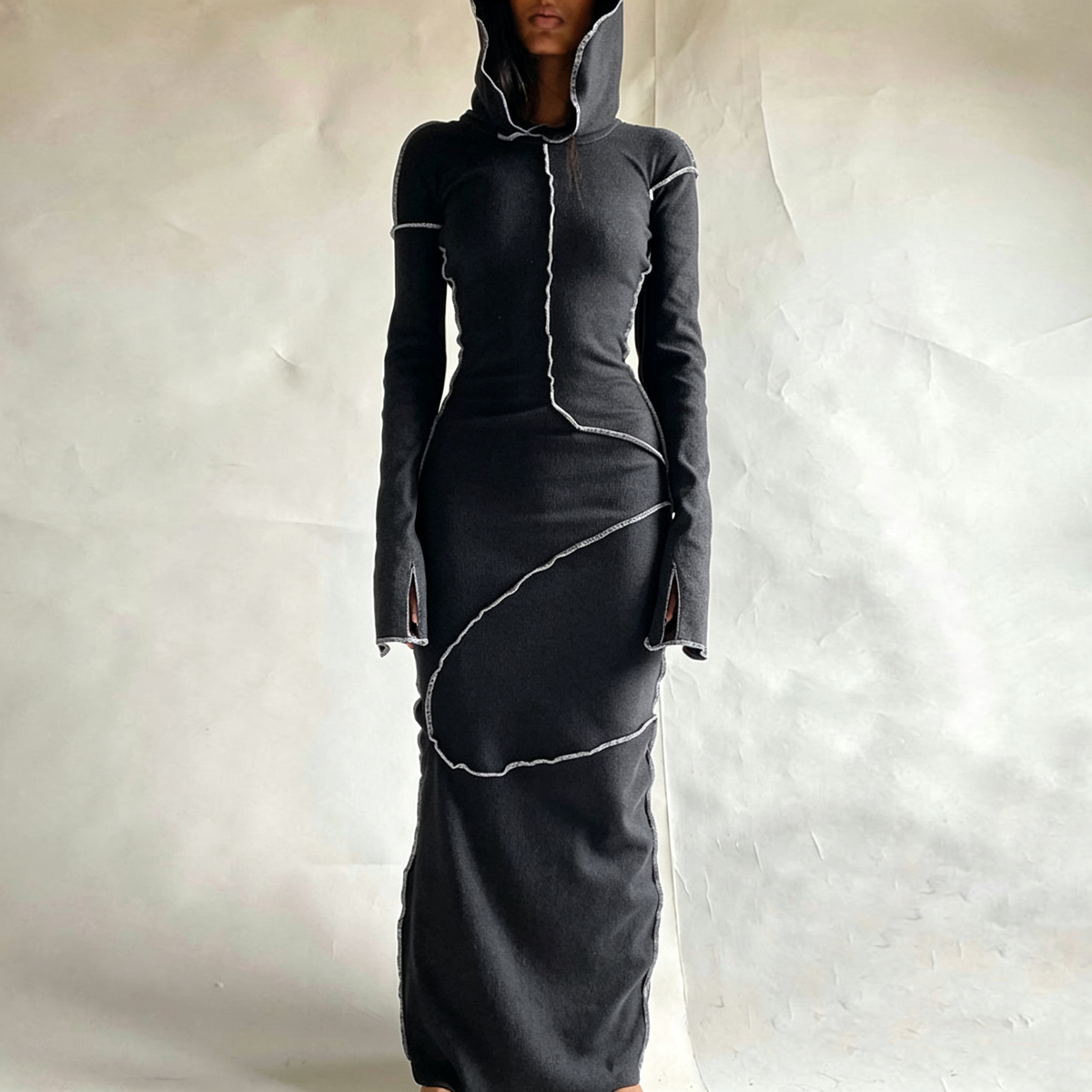 Emilie's Boutique ™ Contrast‑Stitch Hooded Bodycon Maxi Dress