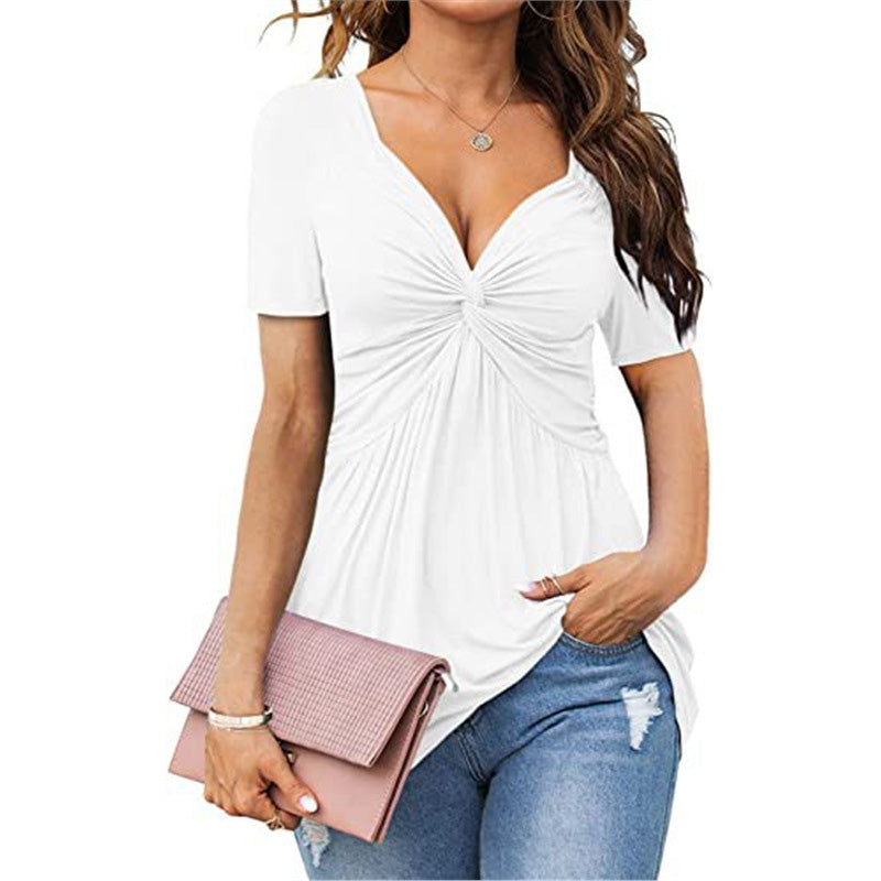 Emilie's Boutique ™ V-neck ruffled knotted short-sleeved top