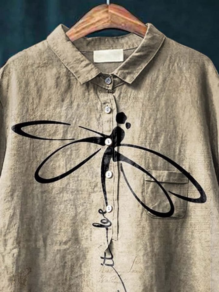 Emilie's Boutique ™ Let It Be Dragonfly Art Pattern Print Casual Cotton And Linen Shirt