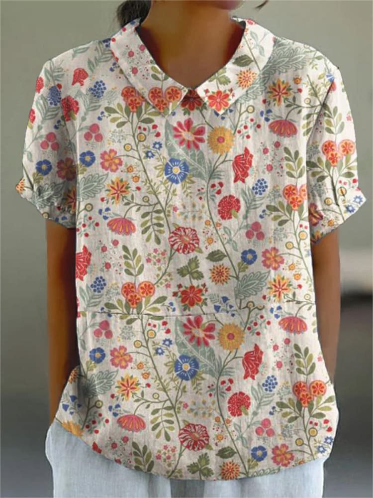 Emilie's Boutique ™ Pastoral Floral Art Print Casual Cotton And Linen Shirt