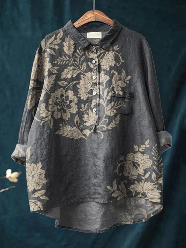 Emilie's Boutique ™ Floral and Leaf Combination Decorative Pattern Casual Cotton And Linen Shirt