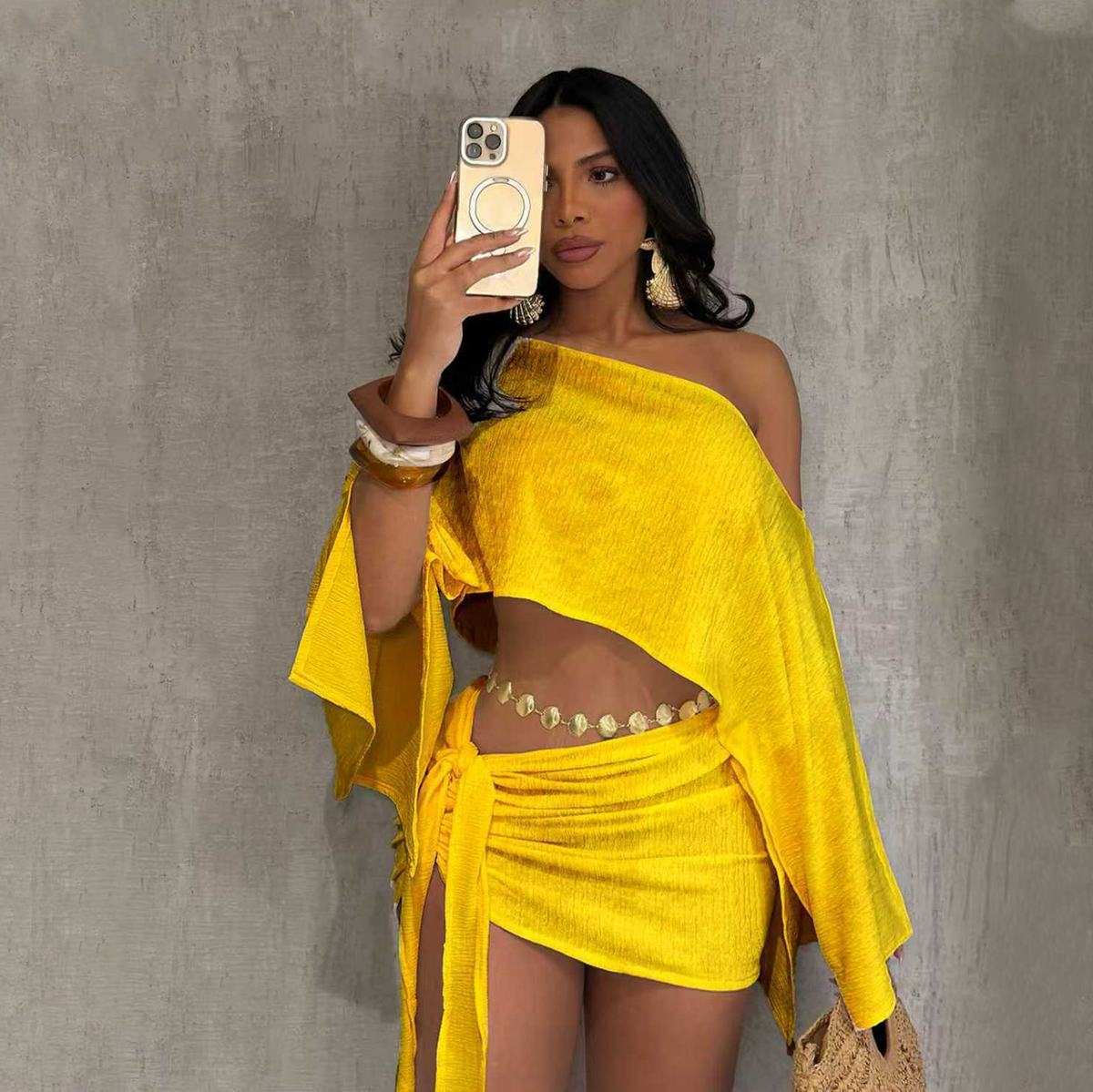 Emilie's Boutique ™ Textured One Shoulder Crop Top & Mini Skirt Set