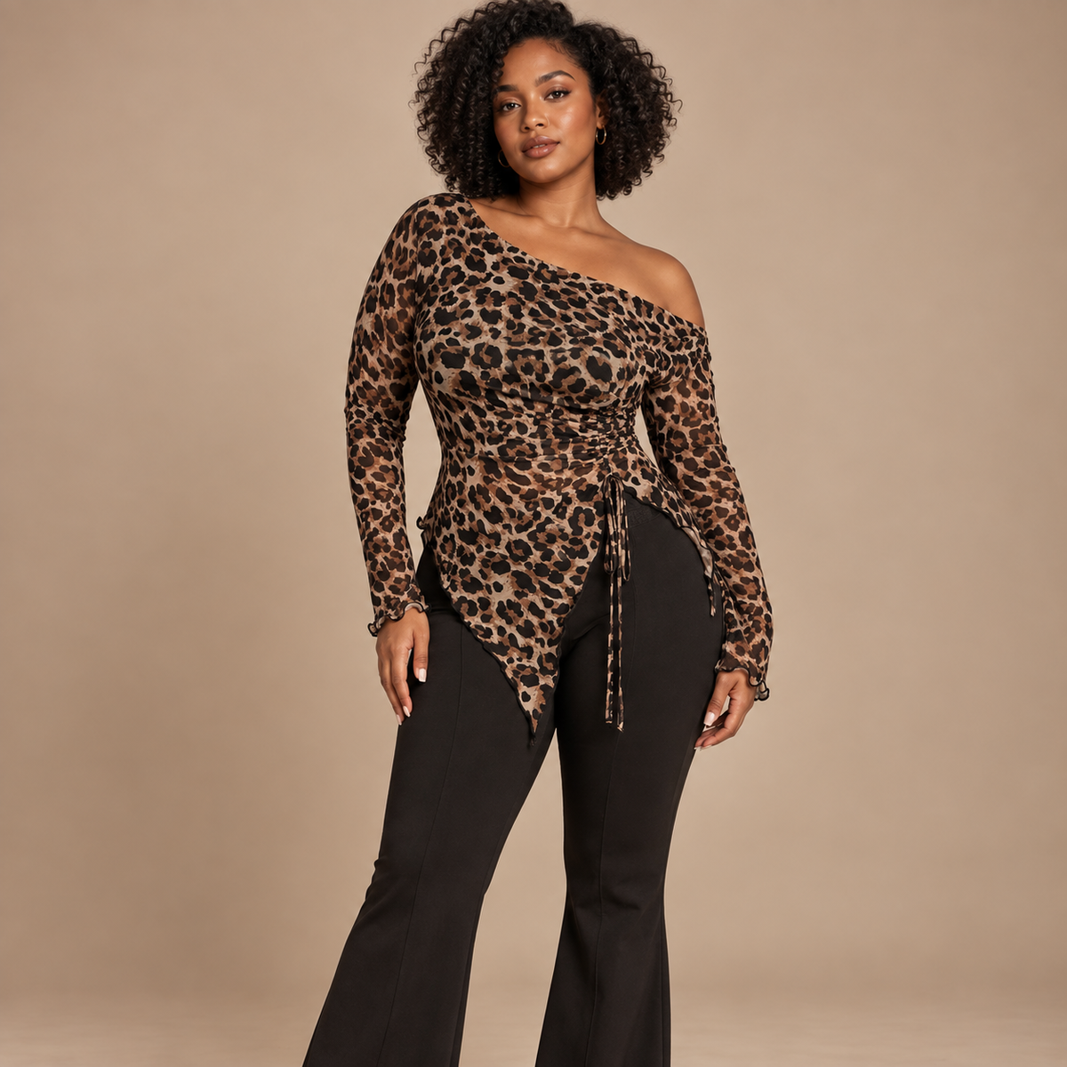 Emilie's Boutique ™ Plus-size leopard print one-shoulder drawstring top