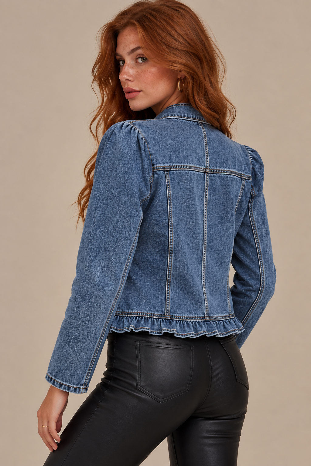 Emilie's Boutique ™ Ruffled Trim Open‑Front Cropped Denim Jacket