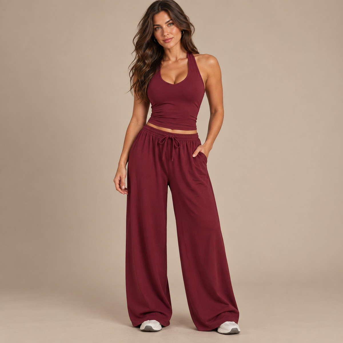Emilie's Boutique ™ Sporty halter neck top and drawstring pants two-piece set