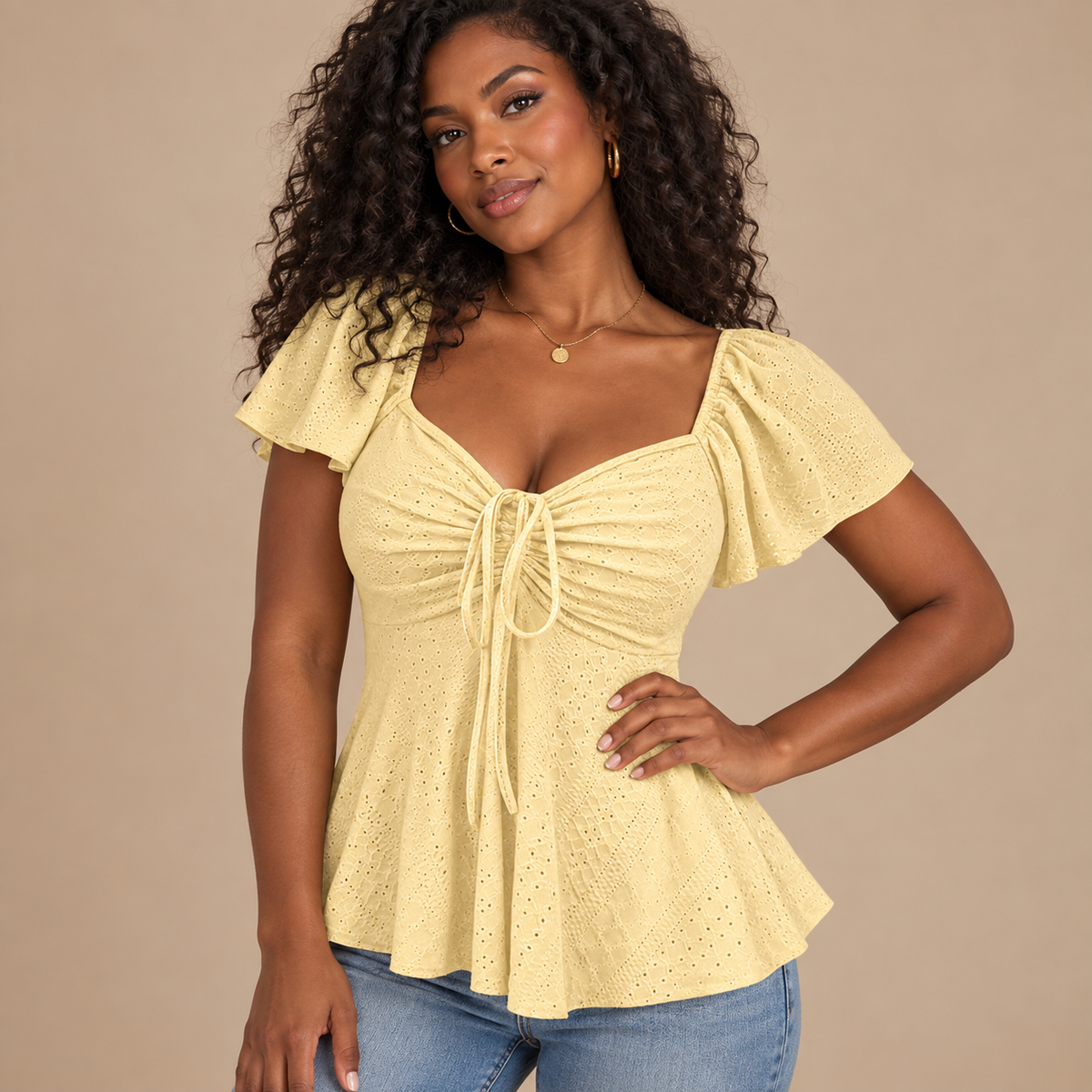 Emilie's Boutique ™ V-neck cut-out embroidered peplum top