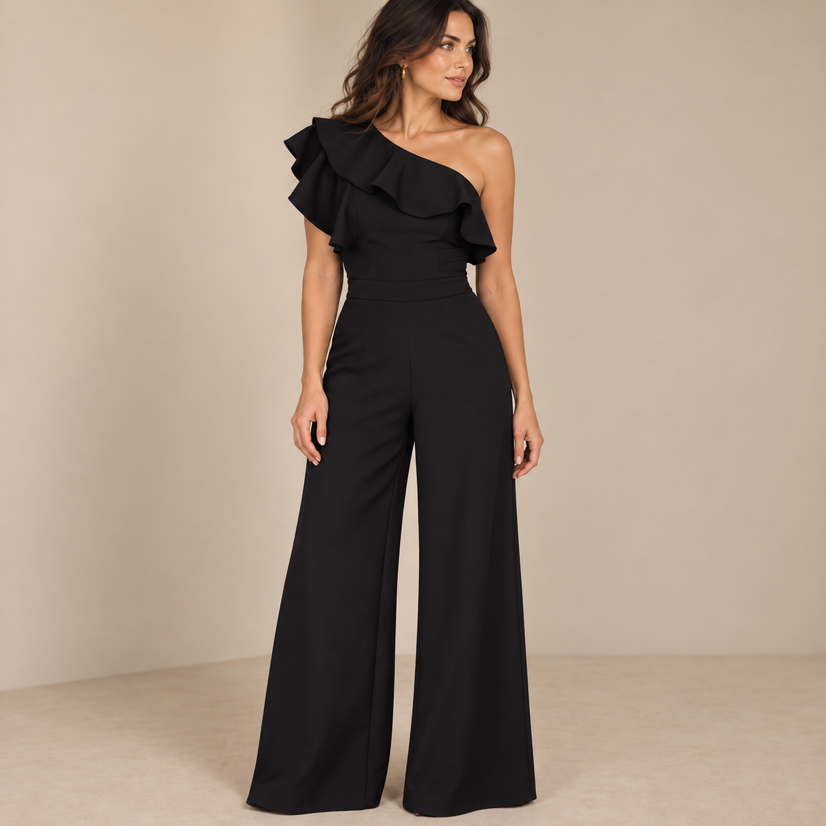 Emilie's Boutique ™ One-shoulder ruffled high-waisted wide-leg jumpsuit