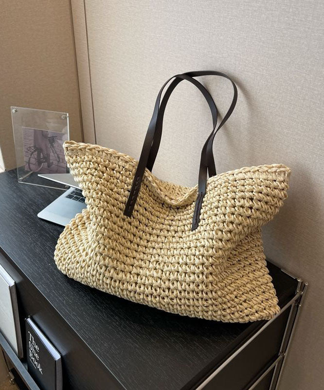Emilie's Boutique ™ Beige Zip Up Patchwork Straw Woven Satchel Bag
