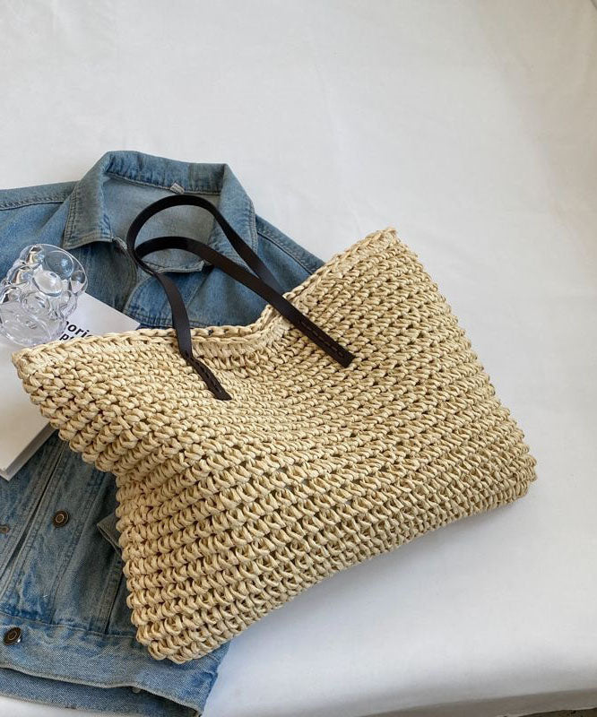 Emilie's Boutique ™ Beige Zip Up Patchwork Straw Woven Satchel Bag