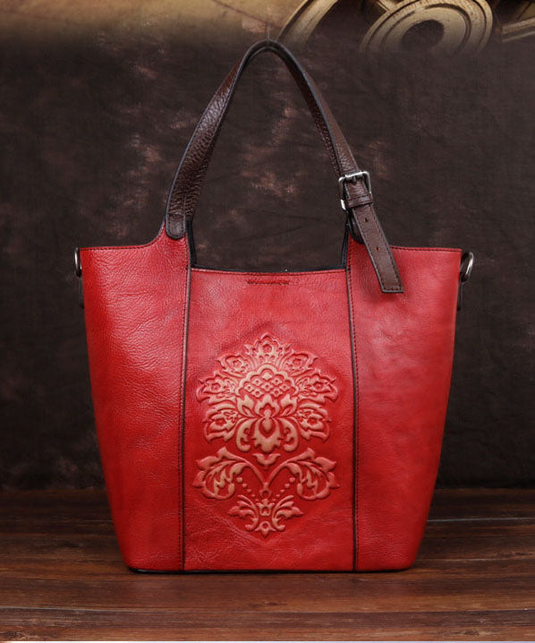 Emilie's Boutique ™ Red Rubbing embossing Paitings Calf Leather Tote Handbag