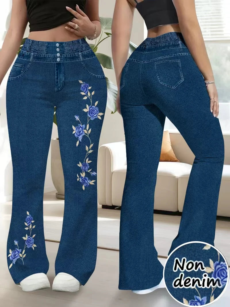 Elegante rozenprint flare broek plus size, hoge taille faux denim bell bottoms, vintage chique stretchbroek voor vrouwen met een rondere figuur