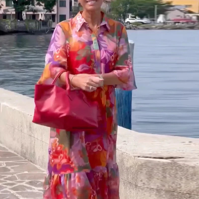 Emilie's Boutique ™ Collar-Neck Floral Print Long Dress.
