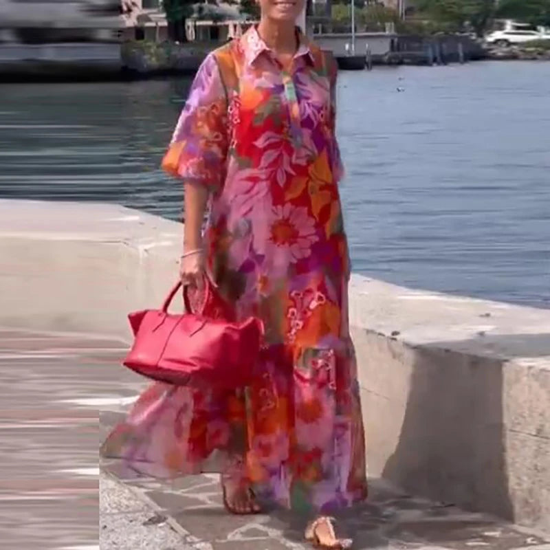Emilie's Boutique ™ Collar-Neck Floral Print Long Dress.