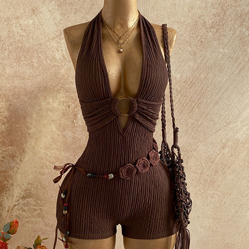 Emilie's Boutique ™ Textured openwork slim-fit jumpsuit shorts