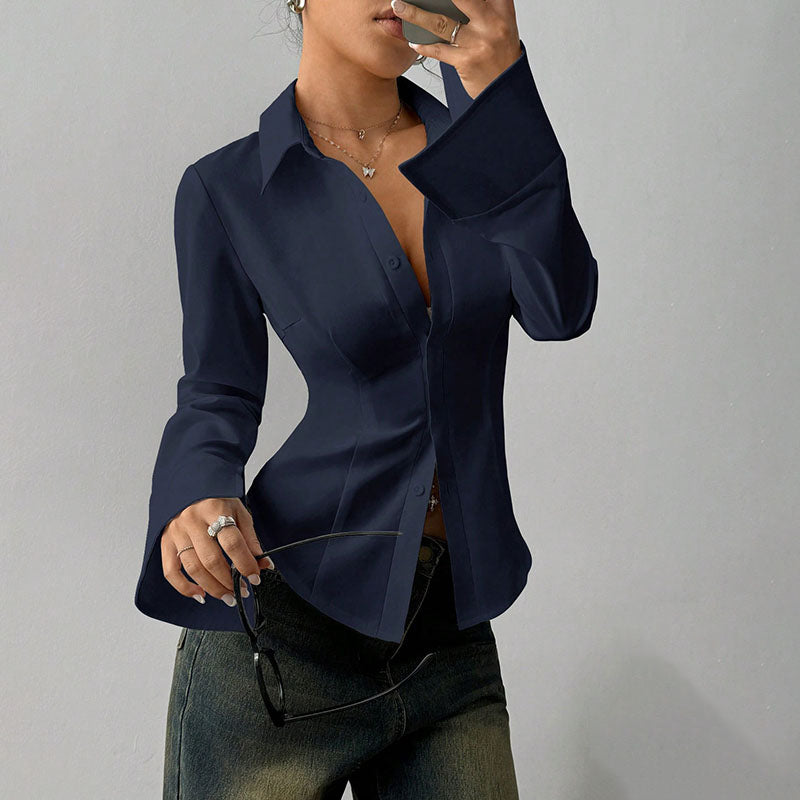 Emilie's Boutique ™ Slim-fit V-neck waist-cinching long-sleeved shirt