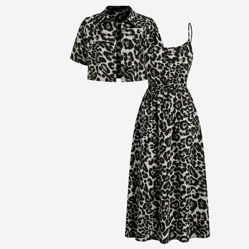 Emilie's Boutique ™ Casual leopard print short-sleeved cardigan and slip dress two-piece set