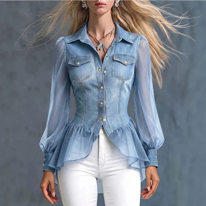 Emilie's Boutique ™ Mesh-paneled ruffled denim shirt