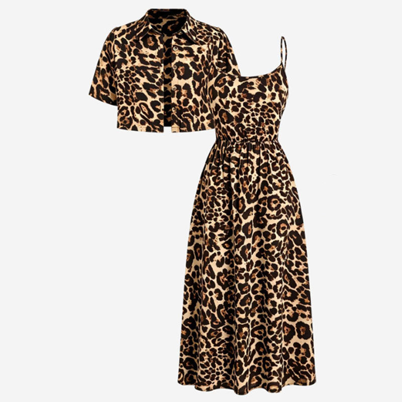 Emilie's Boutique β’ Casual leopard print short-sleeved cardigan and slip dress two-piece set