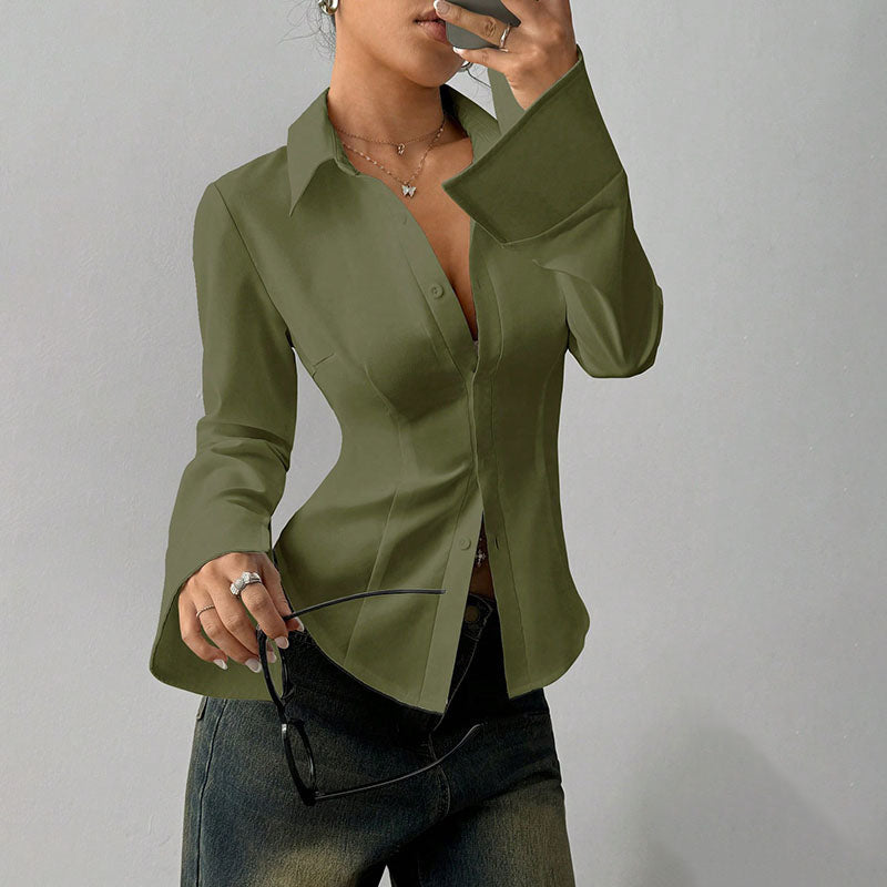 Emilie's Boutique ™ Slim-fit V-neck waist-cinching long-sleeved shirt