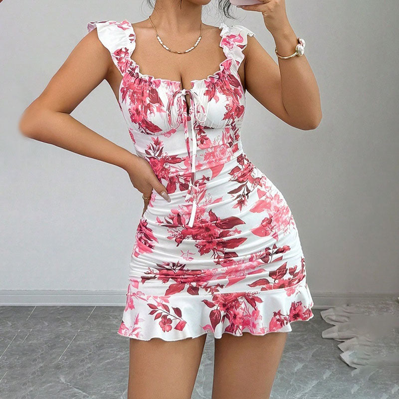 Emilie's Boutique ™ Front-Lace-Up Ruffled Waist-Cinched Slim-Fit Dress
