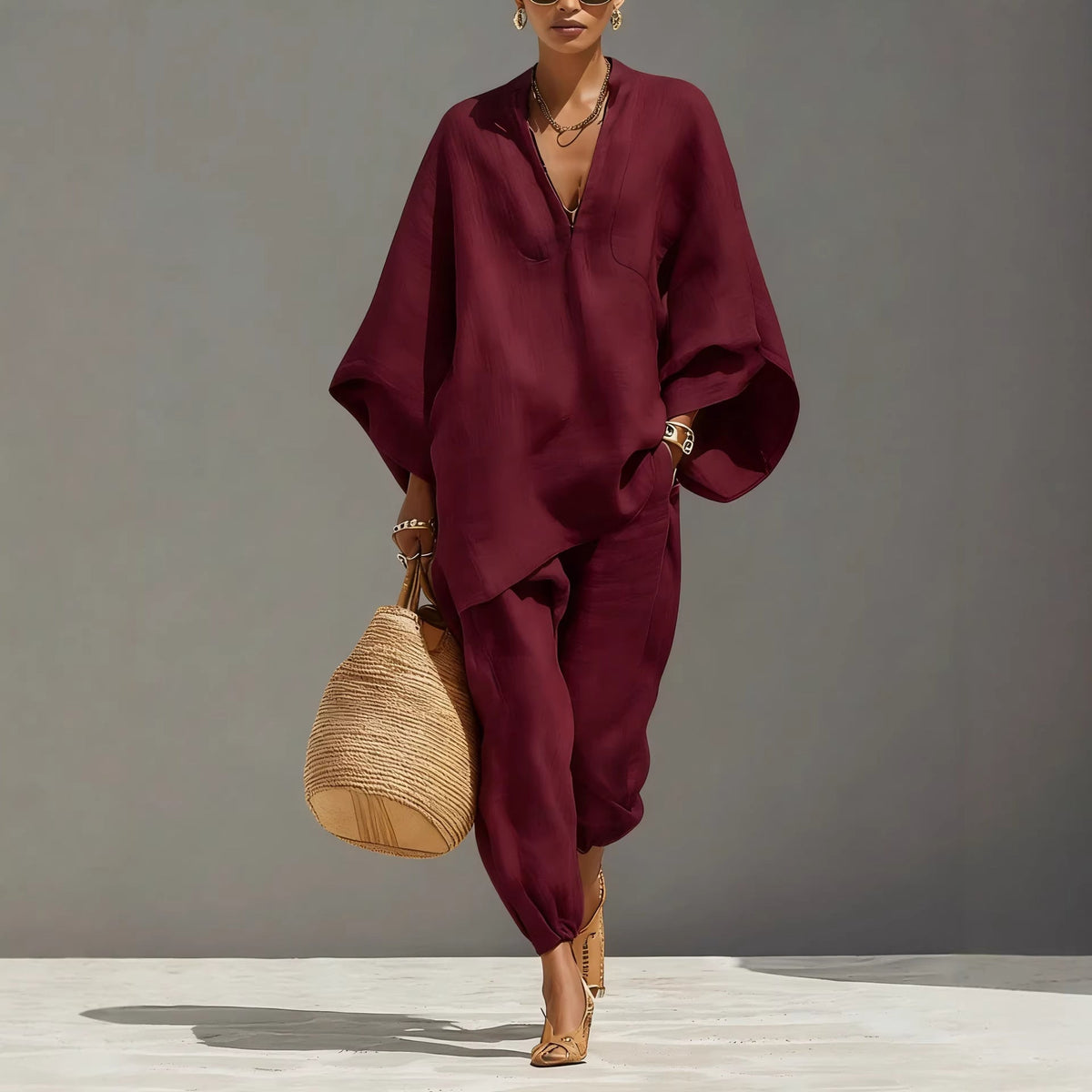 Emilie's Boutique β’ V-neck batwing-sleeve top and trousers set