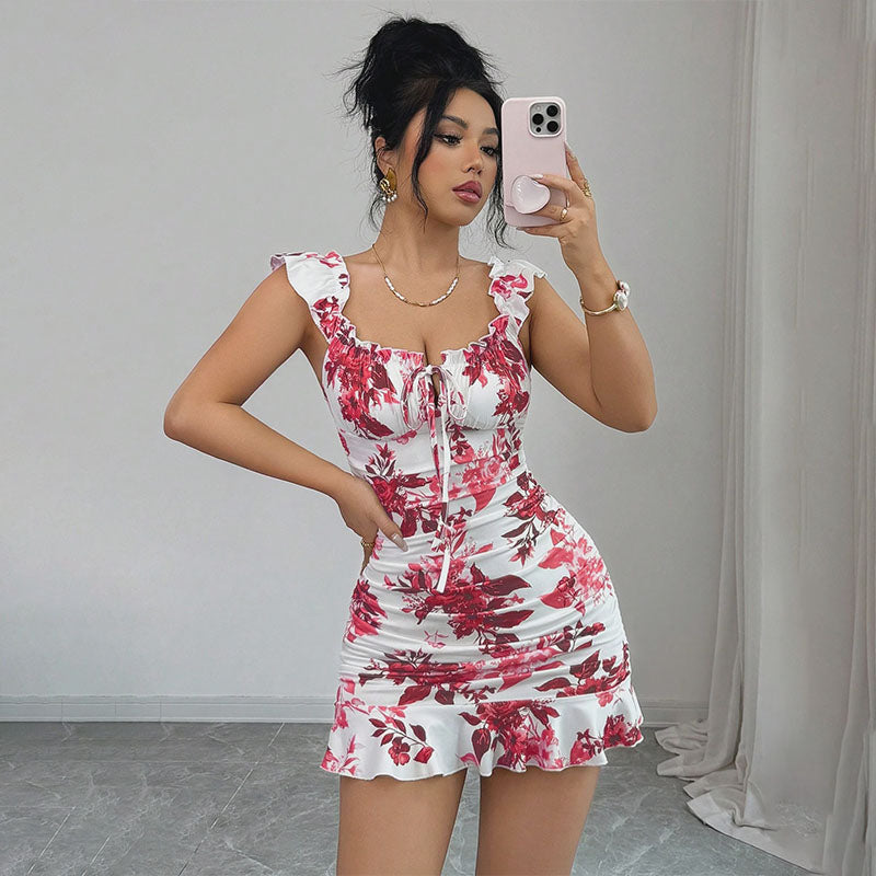 Emilie's Boutique ™ Front-Lace-Up Ruffled Waist-Cinched Slim-Fit Dress