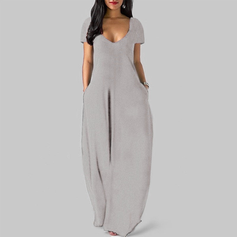 Emilie's Boutique ™ V-neck short-sleeved loose casual long dress