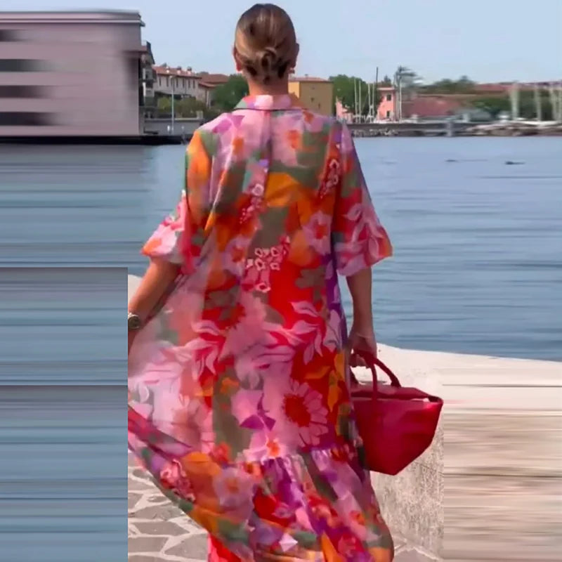 Emilie's Boutique ™ Collar-Neck Floral Print Long Dress.
